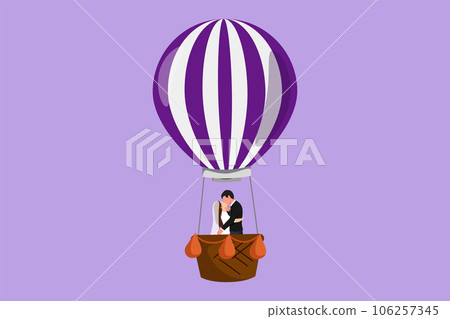 Cartoon flat style drawing love kissing married couple in hot-air balloon in sky, clouds, amorous relationship. Romantic man and beauty woman on road trip journey. Graphic design vector illustration 106257345