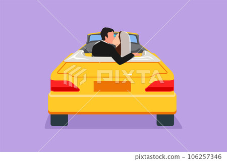 Graphic flat design drawing back view of happy married couple on road trip in vintage car wearing wedding dress. Romantic man and woman kissing each other in vehicle. Cartoon style vector illustration 106257346