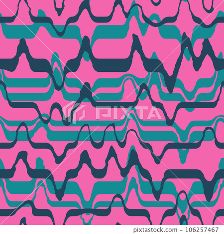 Hand drawn seamless pattern with minimalist lines waves curves, stripes striped abstract geometric design. Pink tean blue indigo navy print, trendy warm colors, creative stroke doodle. Retro vintage 106257467
