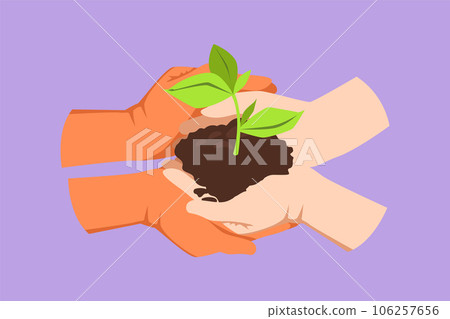 Character flat drawing top view of two hands holding together young of tree. Hand kids team work protecting and reduce global warming earth logo, icon, label symbol. Cartoon design vector illustration Character flat drawing top view of two hands holding together young of tree. Hand kids team work protecting and reduce global warming earth logo, icon, label symbol. Cartoon design vector illustration 106257656