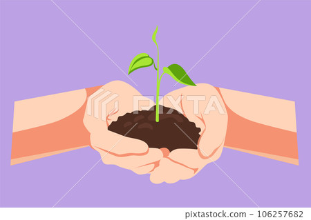 Graphic flat design drawing front view of hands holding plant in soil isolated on blue background. Environment earth day in the hands of trees growing seedlings logo. Cartoon style vector illustration 106257682