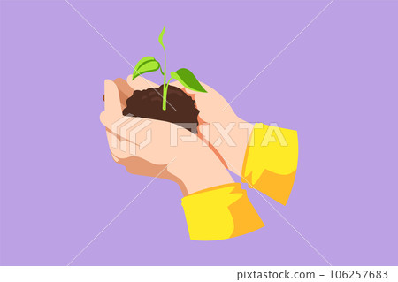Cartoon flat style drawing hands of the farmer are planting the seedlings into the soil. Hand holding tree on nature field grass. Agriculture ecology concept, logo. Graphic design vector illustration 106257683