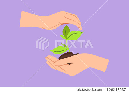 Character flat drawing new life in young hands on white background. Female hand holding tree on nature field grass. Forest conservation concept, logo, icon, symbol. Cartoon design vector illustration Character flat drawing new life in young hands on white background. Female hand holding tree on nature field grass. Forest conservation concept, logo, icon, symbol. Cartoon design vector illustration 106257687
