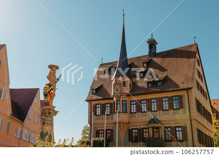Old national German town house in Bietigheim-Bissingen, Baden-Wuerttemberg, Germany, Europe. Old Town is full of colorful and well preserved buildings. Old national German town house in Bietigheim-Bissingen, Baden-Wuerttemberg, Germany, Europe. Old Town is full of colorful and well preserved buildings. 106257757