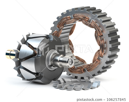 Rotor and stator of car alternator generator or electric motor isolated on white. Rotor and stator of car alternator generator or electric motor isolated on white. 106257845