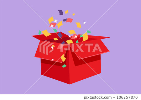 Cartoon flat style drawing of open gift box and confetti. Enter to win prizes. Present package with bursting elements, surprise inside, birthday logo, icon, symbol. Graphic design vector illustration 106257870