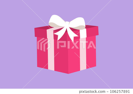 Character flat drawing gift box with white ribbon. Red box wrapped with ribbon isolated on blue background. Decorative gift or cardboard box with bow logo, symbol. Cartoon design vector illustration Character flat drawing gift box with white ribbon. Red box wrapped with ribbon isolated on blue background. Decorative gift or cardboard box with bow logo, symbol. Cartoon design vector illustration 106257891