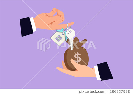 Character flat drawing hand giving house keys to customer with cash of money bag. Businessman in suit giving house key. Mortgage, credit or buying property concept. Cartoon design vector illustration 106257958