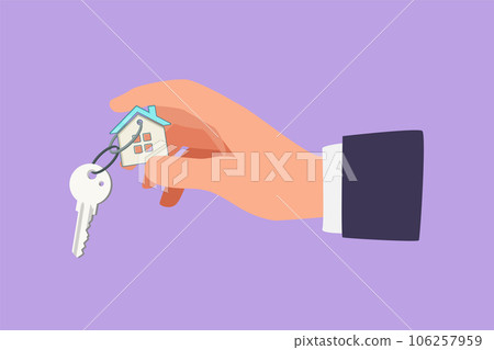 Cartoon flat style drawing businessman hand holds key for rent house concept. Real estate agent holds the key from property. Template for sale, rent home, mortgage. Graphic design vector illustration 106257959