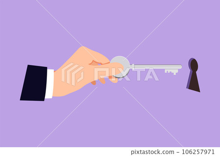 Cartoon flat style drawing of key in hand holds businessman to open business. Open the door lock. Keyhole isolated on blue background. Unlock opening. Sign in house. Graphic design vector illustration Cartoon flat style drawing of key in hand holds businessman to open business. Open the door lock. Keyhole isolated on blue background. Unlock opening. Sign in house. Graphic design vector illustration 106257971