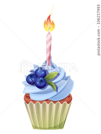 Cupcake with a candle on a white background. Happy birthday illustration. Muffin with cream and blueberries. 106257993
