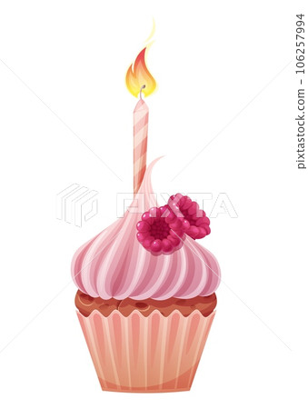 Cupcake with a candle on a white background. Happy birthday illustration. Muffin with cream and raspberries. Cupcake with a candle on a white background. Happy birthday illustration. Muffin with cream and raspberries. 106257994