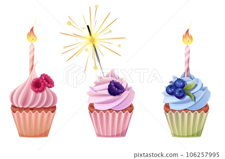 Set of cupcakes with candles and sparklers on an isolated white background. Beautiful cupcake with raspberries, blackberries, blueberries and cream. Bright festive illustration of a birthday muffin 106257995