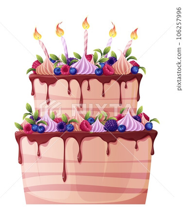 Birthday cake with candles on an isolated white background. Beautiful biscuit with berries and meringues. Bright festive birthday cake illustration 106257996