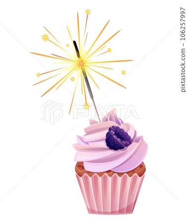 Cupcake with sparkler on a white background. Happy birthday illustration. Muffin with cream and blackberries 106257997