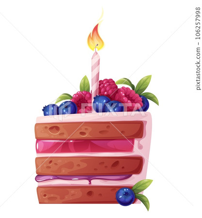 Piece of cake with candle on white background. Happy birthday. Sweet cake with cream, raspberries and blueberries. 106257998
