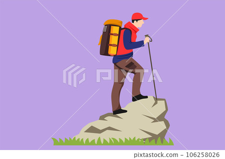 Graphic flat design drawing young hiker with backpack on top of mountain logo, icon. Trekking man simple sketch, Outdoor activity. Happy hikers, tourists or climbers. Cartoon style vector illustration Graphic flat design drawing young hiker with backpack on top of mountain logo, icon. Trekking man simple sketch, Outdoor activity. Happy hikers, tourists or climbers. Cartoon style vector illustration 106258026