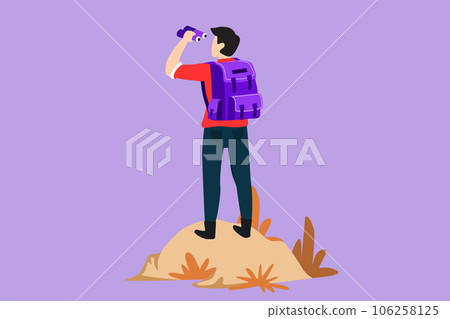 Graphic flat design drawing back view of man with backpack, binoculars in summer mountain landscape, outdoor activity, travel, camping, backpacking trip, expedition. Cartoon style vector illustration Graphic flat design drawing back view of man with backpack, binoculars in summer mountain landscape, outdoor activity, travel, camping, backpacking trip, expedition. Cartoon style vector illustration 106258125