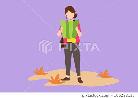 Cartoon flat style drawing beautiful woman hiker with map exploring forest. Female hiker success outdoor recreation and climbing peak. Nature exploration adventure. Graphic design vector illustration 106258135