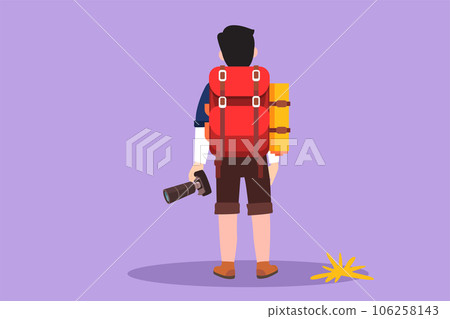 Cartoon flat style drawing back view of active man holding camera standing on cliff of mountain in forest landscape view with sunset. Handsome tourist photographer. Graphic design vector illustration 106258143