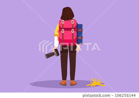 Graphic flat design drawing back view of beautiful woman holding camera standing on hill of mountain in forest landscape view with sunset. Young tourist photographer. Cartoon style vector illustration Graphic flat design drawing back view of beautiful woman holding camera standing on hill of mountain in forest landscape view with sunset. Young tourist photographer. Cartoon style vector illustration 106258144