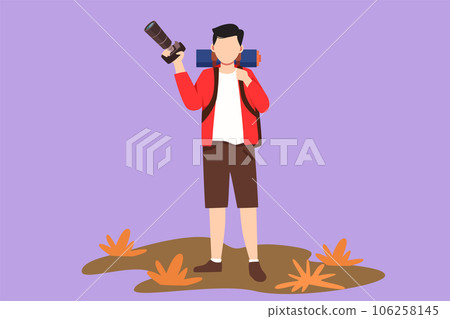Cartoon flat style drawing young cheerful professional male photographer with camera joy make photography taking nature, traveling, hiking, holiday concept, symbol. Graphic design vector illustration 106258145
