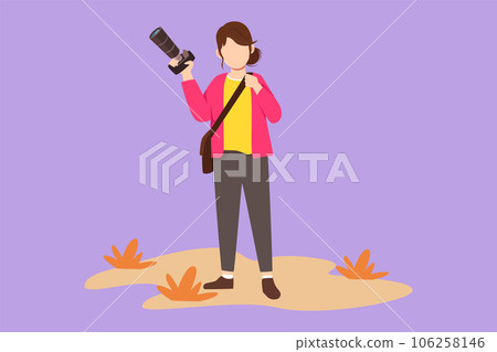 Character flat drawing young beautiful professional female photographer with camera joy make photography taking outdoor, vacation, hiking, holiday concept icon logo. Cartoon design vector illustration 106258146