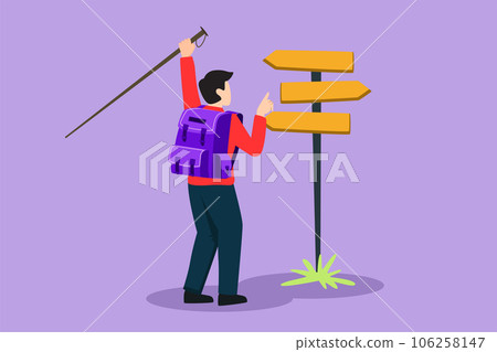 Graphic flat design drawing back view of hiker man backpacks hiking traveling and tourism. Trekking wild nature recreation, direction pointer, sport backpacking trip. Cartoon style vector illustration Graphic flat design drawing back view of hiker man backpacks hiking traveling and tourism. Trekking wild nature recreation, direction pointer, sport backpacking trip. Cartoon style vector illustration 106258147