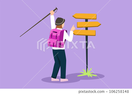 Cartoon flat style drawing back view of pretty woman hiker standing near direction sign or pointer. Girl with backpacks searching for location. Gets lost on nature. Graphic design vector illustration Cartoon flat style drawing back view of pretty woman hiker standing near direction sign or pointer. Girl with backpacks searching for location. Gets lost on nature. Graphic design vector illustration 106258148
