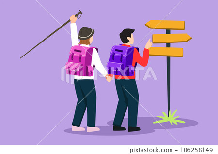 Cartoon flat style drawing back view of hikers couple man and woman with backpacks logo. Direction pointer, Hiking, traveling, trekking, walking trip, searching way. Graphic design vector illustration 106258149