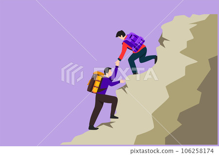 Character flat drawing active two men hiker helping each other on top of mountain. Teamwork hiking help each other trust assistance. Business goal metaphor concept. Cartoon design vector illustration 106258174