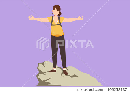 Character flat drawing successful climber woman stands with arms outstretched on top of mountains. Female raised her hands up in joy. Achieving success. Girl power. Cartoon design vector illustration Character flat drawing successful climber woman stands with arms outstretched on top of mountains. Female raised her hands up in joy. Achieving success. Girl power. Cartoon design vector illustration 106258187