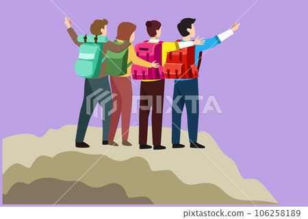 Cartoon flat style drawing back view of friend group hikers hugging together for successful reaching top of mountain. Success, business, achievement, goal concept. Graphic design vector illustration 106258189