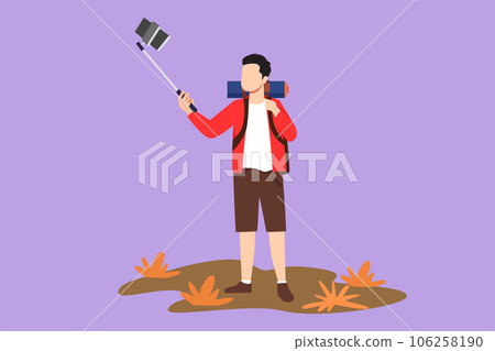 Character flat drawing of young climber man with selfie stick and backpack hiking in mountain. Extreme sport travel nature logo, alpinist standing and making selfie. Cartoon design vector illustration Character flat drawing of young climber man with selfie stick and backpack hiking in mountain. Extreme sport travel nature logo, alpinist standing and making selfie. Cartoon design vector illustration 106258190