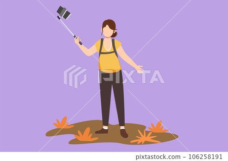 Graphic flat design drawing beautiful woman with backpack on shoulders. Young pretty girl making photo using selfie stick and smartphone. Summer activity at nature. Cartoon style vector illustration 106258191