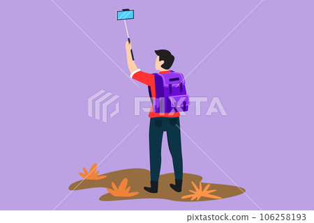 Graphic flat design drawing back view of young man traveler with backpack hiking in mountain while recording video using his smartphone. Travel blogger logo, symbol. Cartoon style vector illustration Graphic flat design drawing back view of young man traveler with backpack hiking in mountain while recording video using his smartphone. Travel blogger logo, symbol. Cartoon style vector illustration 106258193