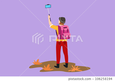 Character flat drawing back view of young pretty girl with backpack standing and taking selfie photo on her smart phone. Summer activity at nature. Travel blogger. Cartoon design vector illustration 106258194