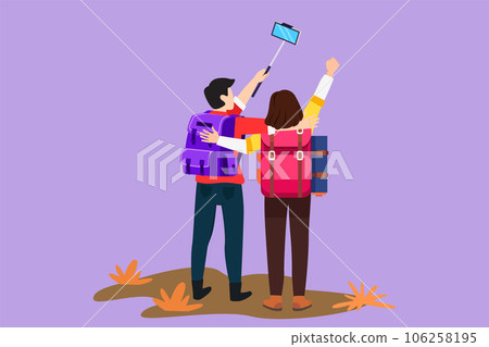 Cartoon flat style drawing back view of couple man woman hikers with backpacks takes selfie in mountains while recording video using his smartphone. Travel blogger. Graphic design vector illustration 106258195