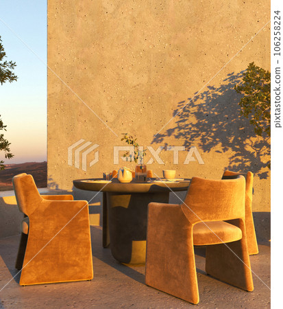 Outdoor beige scandinavian balcony with modern stone dining table and orange chairs. Beautiful nature sunset mountains view and blue sky background. 3d rendering mockup. High quality 3d illustration 106258224