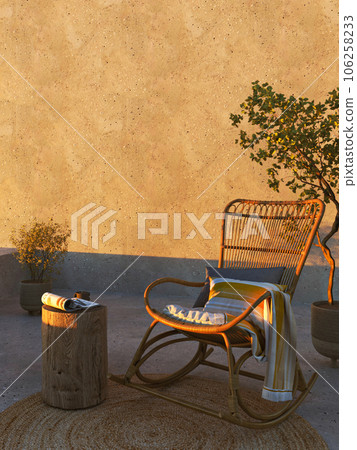 Mockup empty concrete wall on rustic balcony. Farmhouse nature outdoor living area with boho wicker wooden armchair. Panoramic sky view with green plants. 3d rendering. High quality 3d illustration Mockup empty concrete wall on rustic balcony. Farmhouse nature outdoor living area with boho wicker wooden armchair. Panoramic sky view with green plants. 3d rendering. High quality 3d illustration 106258233