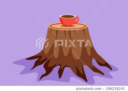 Character flat drawing stylized red campfire enamel coffee mug mockup on log table in campsite or camping ground. Empty mug mock up for design promotion, logo, icon. Cartoon design vector illustration 106258241