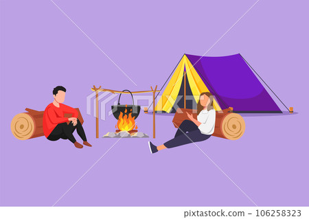 Graphic flat design drawing of romantic couple man woman hikers sitting on log cooking meals in bowler boiling pot at campfire near camp tent camping nature mountain. Cartoon style vector illustration 106258323
