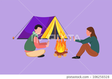 Cartoon flat style drawing of traveling romantic couple active recreation camping around campfire tents. Young man and beautiful woman warm their hands near bonfire. Graphic design vector illustration 106258328