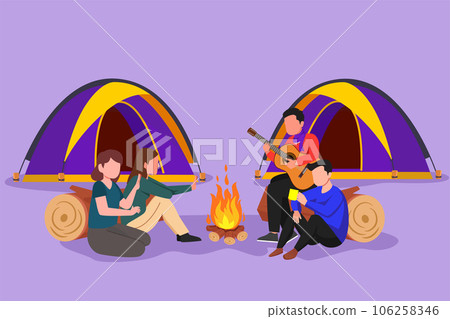 Character flat drawing two romantic couple camping around campfire tent. Group hikers warm their hands near bonfire sitting on ground, man playing guitar, sing song. Cartoon design vector illustration 106258346