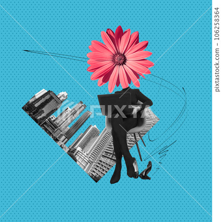 Woman in business. Contemporary art design made of shot of mature women working hardly isolated over blue background, Concept of lady boss, finance, career, leader, team. 106258364
