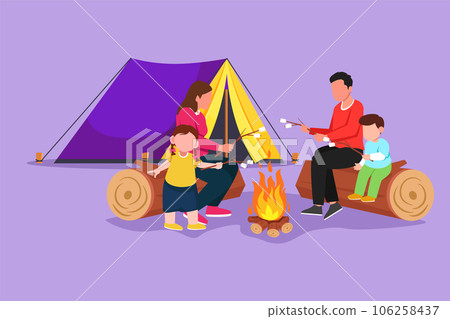 Graphic flat design drawing of happy family sit by campfire. Cheerful tourists, campers. Mom, dad and kids roast marshmallows for snack. Night camping adventure trip. Cartoon style vector illustration Graphic flat design drawing of happy family sit by campfire. Cheerful tourists, campers. Mom, dad and kids roast marshmallows for snack. Night camping adventure trip. Cartoon style vector illustration 106258437