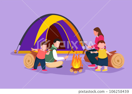 Character flat drawing happy family sit by campfire. Cheerful tourists, campers. Mom, dad and kids roast sausage for dinner. Night camping adventure trip logo icon. Cartoon design vector illustration Character flat drawing happy family sit by campfire. Cheerful tourists, campers. Mom, dad and kids roast sausage for dinner. Night camping adventure trip logo icon. Cartoon design vector illustration 106258439