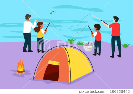 Graphic flat design drawing happy family camping. Man, woman, children, family hikers fishing with fishing rod. Summer camper vacation, holiday near river in forest. Cartoon style vector illustration Graphic flat design drawing happy family camping. Man, woman, children, family hikers fishing with fishing rod. Summer camper vacation, holiday near river in forest. Cartoon style vector illustration 106258443
