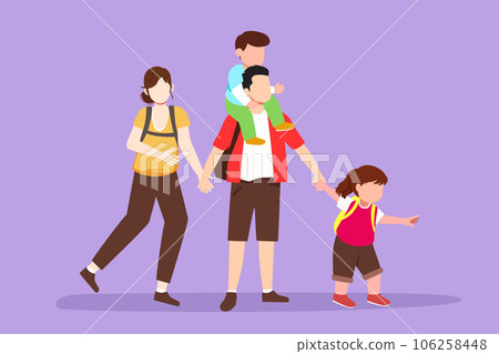 Cartoon flat style drawing happy family is hiking, traveling, trekking in the forest. Father, mother and children hiking and camping with backpack at nature outdoor. Graphic design vector illustration 106258448