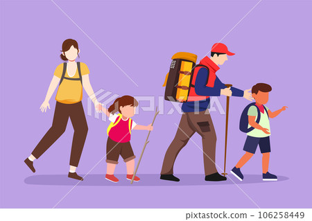 Graphic flat design drawing happy family traveling together in mountains. Father, mother and children hiking, trekking, holiday and camping with backpack at nature. Cartoon style vector illustration 106258449
